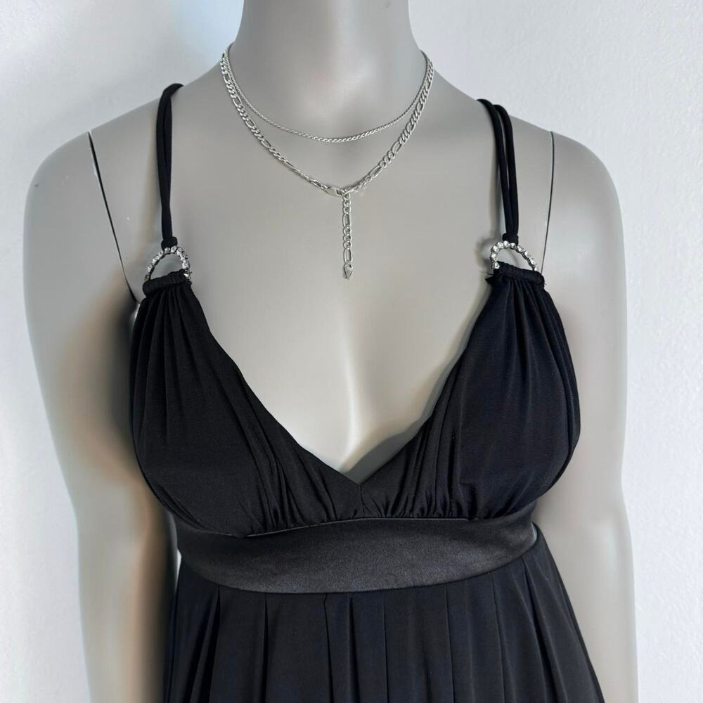 Y2K Black Rhinestone Strap Mini Dress 7/8 Bubble Hem Cocktail Party Clubwear LBD - Picture 2 of 8